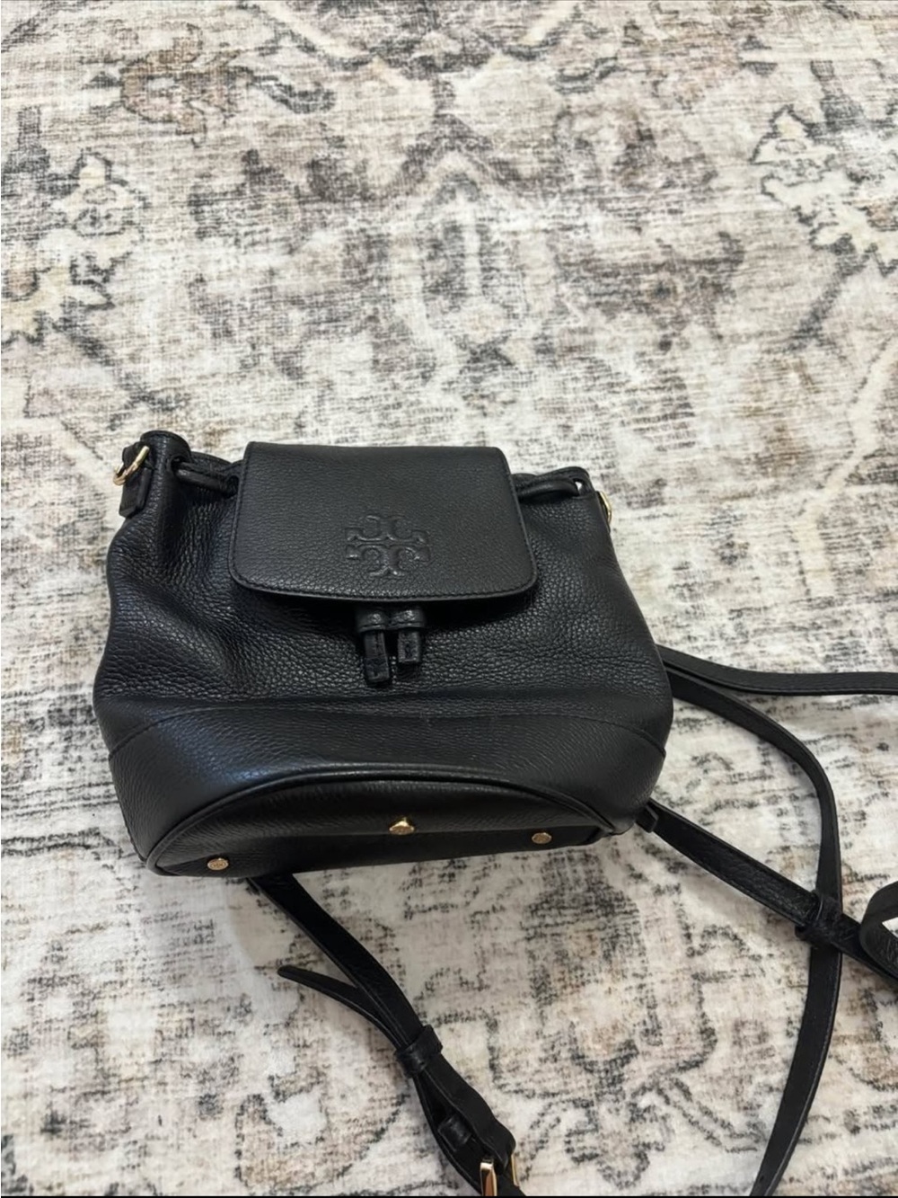 Tory Burch Black Pebbled Leather Drawstring Mini Backpack